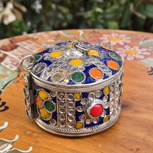 Antique Kabyle Berber Algeria Silver‎ Tone Metal Enamel Coral Cuff Bracelet Box